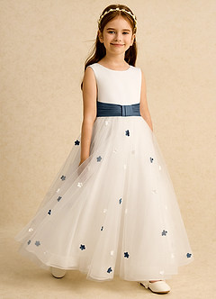 Azazie Cricket vestidos de niña de las flores Vestido de Marfil Azul Petróleo de Satin Mate de Corte Princesa con Plisado image7