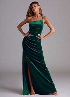 Azazie Eren Bridesmaid Dresses Emerald Sheath One Shoulder Velvet Dress image4