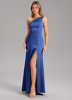 Azazie Feby Bridesmaid Dresses Royal Blue A-Line One Shoulder Stretch Satin Dress image6