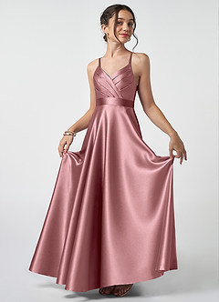 Azazie Avelina Junior Vintage Mauve A-Line Pleated Metallic Satin Dress image1