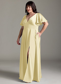 Azazie Kimber Bridesmaid Dresses Lemon Sorbet A-Line Ruched Stretch Satin Dress image10