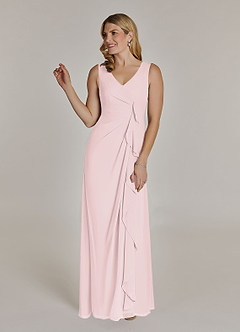 Azazie Manuella At-home Try On Dresses Blushing Pink A-Line V-Neck Pleated Chiffon Dress image4