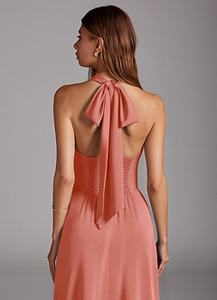 Azazie Myra Bridesmaid Dresses Salmon Pink A-Line High Neck Stretch Satin Dress image2