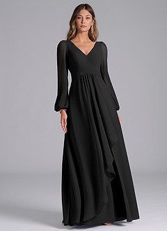 Azazie Liah Bridesmaid Dresses Black A-Line Long Sleeve Chiffon Dress image3