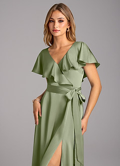 Azazie Lainey Bridesmaid Dresses Pistachio A-Line with Pockets Stretch Satin Dress image6