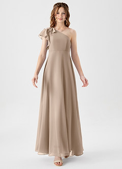 Azazie Arabella Junior Taupe A-Line Ruched Chiffon Dress image5