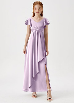 Azazie Omari Junior Frosted Lilac A-Line Pleated Stretch Satin Dress image4