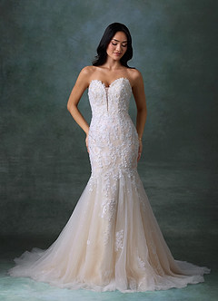 Azazie Chelley At-home Try On Dresses Diamond White Champagne Mermaid Strapless Tulle Dress image11