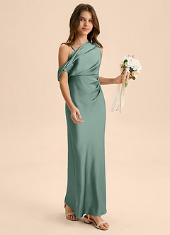 Azazie Emerson Junior Osłona Zza ramienia Satyna elastyczna Długość podłogi Młodsza druhna Sukienka image5