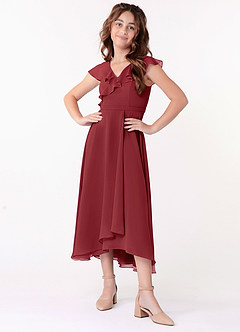 Azazie Posie Junior A-Linie Gestreift Chiffon Kleid Granatapfelrot image4
