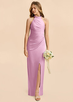 Azazie Jemma Junior Candy Pink Sheath Ruched Stretch Satin Dress image3