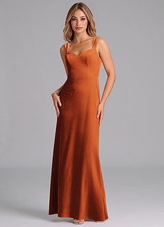 Azazie Denice Vestidos de damas de honor Vestido de Naranja Quemada de terciopelo de Corte Recto con Plisado image1