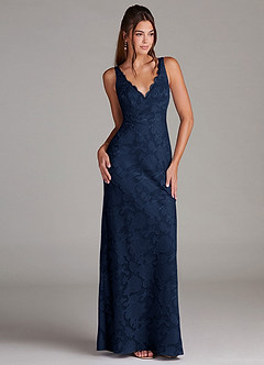 Azazie Tianna Bridesmaid Dresses Dark Navy Sheath Lace Floral Burnout Dress image3
