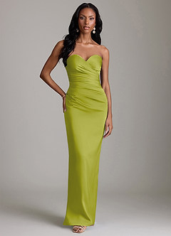 Azazie Sonora Vestidos de damas de honor Vestido de Hierba De Limón de Satén Elástico de Corte Recto con Sin tirantes image6