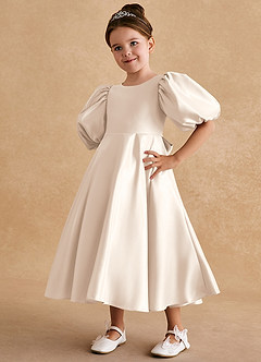 Azazie Sugarplum Flower Girl Dresses White Alabaster A-Line with Sleeves Matte Satin Dress image4