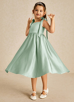 Azazie Chelsie Flower Girl Dresses Agave A-Line Bow Matte Satin Dress image3