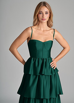 Azazie Faye Vestidos de madrinha de casamento Vestido Esmeralda de Cetim elástico de Linha A com Ruched image2
