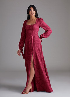 Azazie Leonia Bridesmaid Dresses Burgundy A-Line Long Sleeve Floral Burnout Dress image2