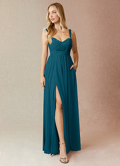 Azazie Reniya Bridesmaid Dresses Ink Blue A-Line Pleated Mesh Convertible Dress image1