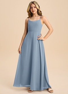 Azazie Shale Junior Dusty Blue A-Line Bow Chiffon Dress image3