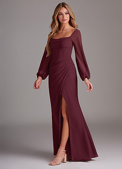 Azazie Charissa Bridesmaid Dresses Cabernet Sheath Long Sleeve Chiffon Dress image4