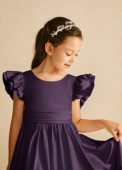 Azazie Piglette Flower Girl Dresses Plum A-Line Bow Matte Satin Dress image3