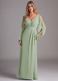 Azazie Matilda Brautjungfernkleider A-Linie Langarm Chiffon Kleid Staubiger Salbeigrün image3