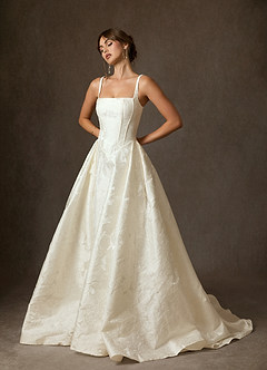 Azazie Delvina Wedding Dresses Antique White Ball-Gown with Pockets Floral Jacquard Dress image4