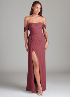 Azazie Amyra Bridesmaid Dresses Merlot Sheath Off the Shoulder Chiffon Convertible Dress image4