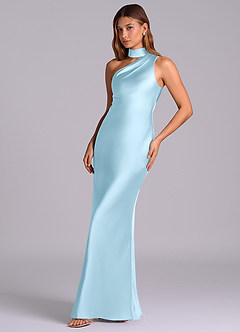 Azazie Seona Bridesmaid Dresses Sky Blue Mermaid One Shoulder Stretch Satin Dress image6