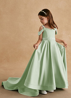 Azazie Jodi Flower Girl Dresses Dusty Sage A-Line Matte Satin Dress image1
