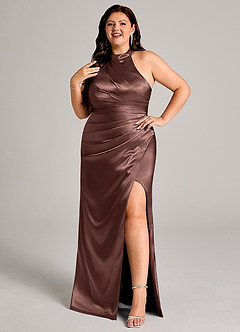 Azazie Jemma Jurken voor bruidsmeisjes Jurk van Metaalachtig Satijn met Kolom Geplooid Espresso image10