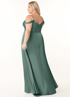 Azazie Ocean Bridesmaid Dresses Eucalyptus A-Line V-Neck Pleated Stretch Satin Dress image9