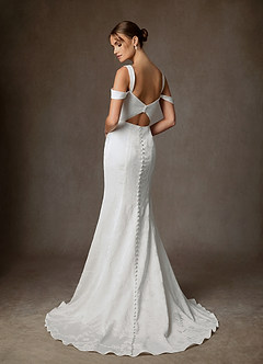 Azazie Tilly Wedding Dresses Diamond White Sheath Off the Shoulder Floral Jacquard Dress image2