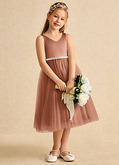 Azazie Firefly Abiti da Ragazza di Fiori Abito A-Line in Raso Opaco Fiocco Bronzo image3