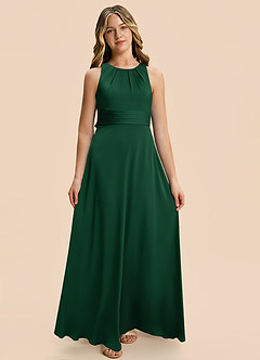 Azazie Christina Junior Vestido Verde Oscuro de Satén Elástico de Corte en A con Drapeado image6