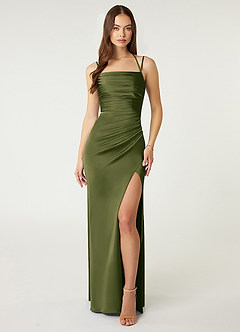 Azazie Desi Bridesmaid Dresses Bright Olive Sheath Halter Corset Stretch Satin Dress image1