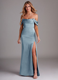 Azazie Saige Bridesmaid Dresses Dusty Blue Sheath Off the Shoulder Stretch Satin Dress image3