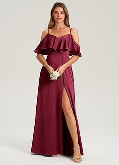 Azazie Jean Bridesmaid Dresses Burgundy A-Line Off the Shoulder Stretch Satin Dress image1