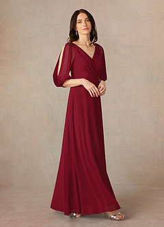 Azazie Bronwyn vestidos de madre de la novia Vestido de Borgoña de Gasa de Corte En A con Cuello de pico fruncido image1