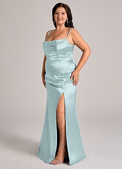 Azazie Saige Bridesmaid Dresses Mist Sheath Off the Shoulder Metallic Satin Convertible Dress image13