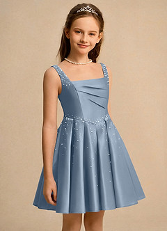 Azazie Jello Jurken voor bloemenmeisjes Baljurk Jurk van Mat Satijn Geplooid Stoffig Blauw image3