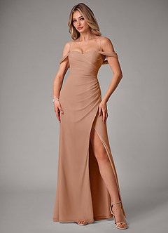 Azazie Haisley Bridesmaid Dresses Champagne Rose Sheath Off the Shoulder Chiffon Convertible Dress image5