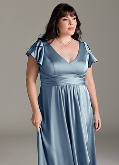 Azazie Omari Bridesmaid Dresses Dusty Blue A-Line Stretch Satin Dress image12