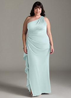 Azazie Latrice Bridesmaid Dresses Sea Glass Sheath One Shoulder Cascading Ruffles Stretch Satin Dress image6