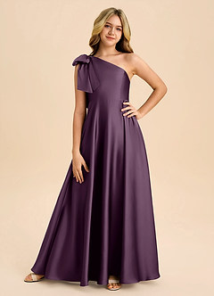 Azazie Penguin Junior Plum A-Line Bow Stretch Satin Dress image3