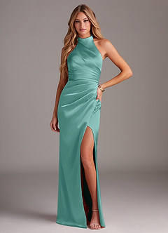 Azazie Jemma Bridesmaid Dresses Aqua Sheath Pleated Stretch Satin Dress image1