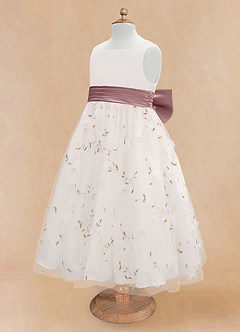 Azazie Pollie Flower Girl Dresses Ivory Dusty Rose A-Line Bow Tulle Dress image13