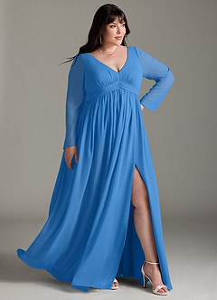 Azazie Teton Zwangerschaps Bruidsmeisjekleding A-Lijn Lange mouw Chiffon Vloerlengte Jurk image10