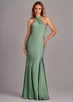 Azazie Lorena Robes de demoiselle d'honneur Robe Sirène en Satin extensible Plissée Matcha image4